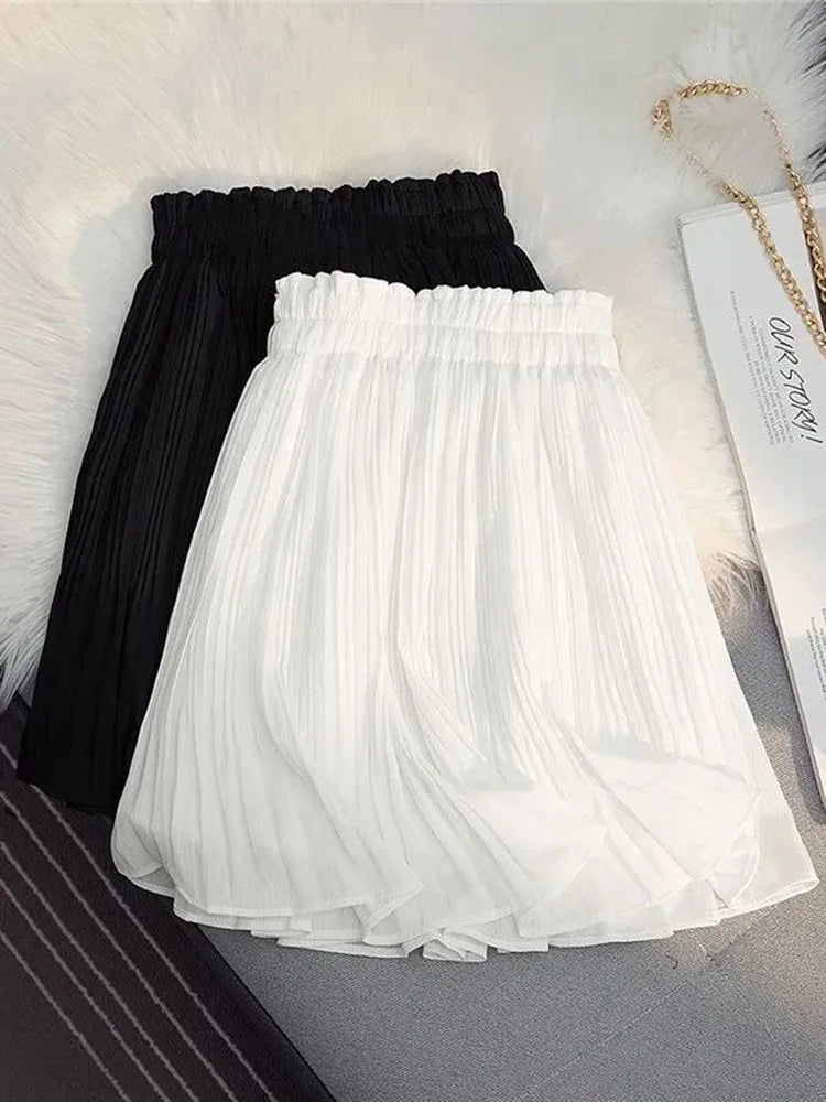 vmtvr Chiffon Beach Women Pleated Skirt Korean Sweet A Line Mini Skirt Summer High Waist Simple Female High Quality Fashion Skirt