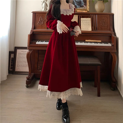 vmtvr  -  Christmas Dress Vintage Lace Splicing Gold Velvet Red Long Dress Elegant Thin Evening Dress Chic and Simple Autumn New