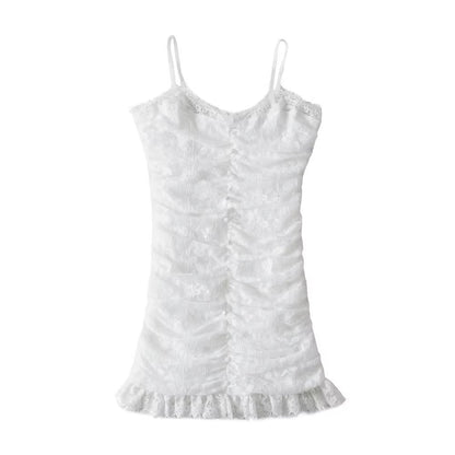 New Women Sleeveless White Sling Lace Dress Fashion Ladies Ruched Bodycon Mini Sexy Robe