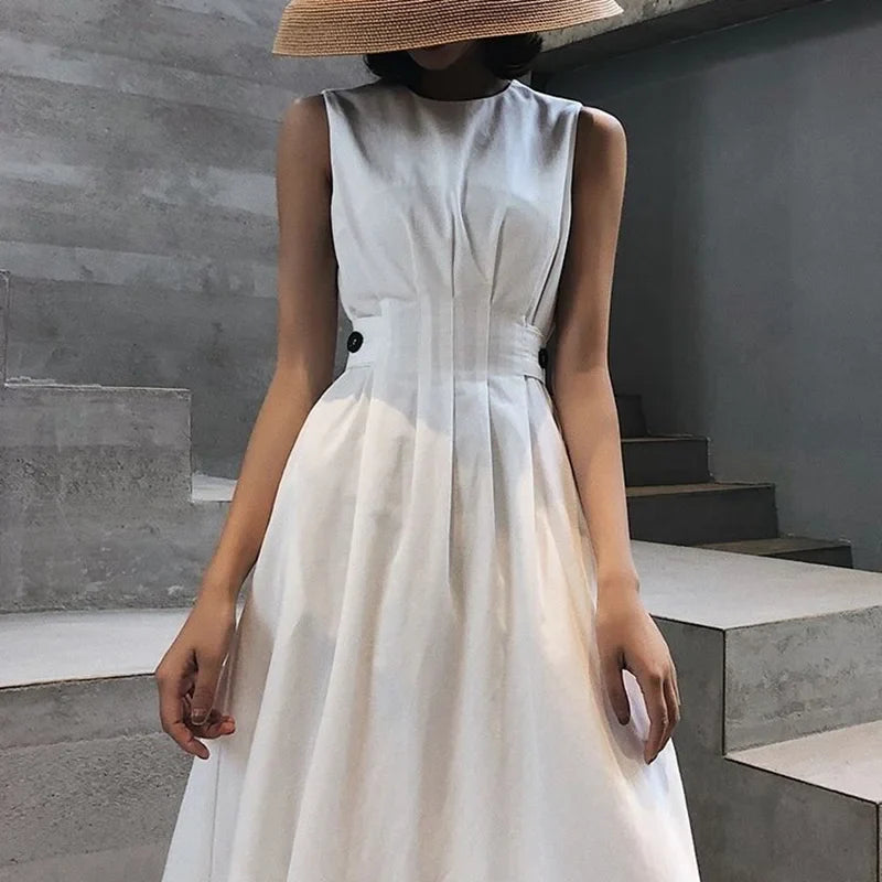 vmtvr Elegant Women Black Dress Korean Fashion Female Waist Midi Dress Hepburn Style Button A Line Sleeveless Dresses Summer New