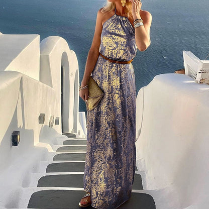 vmtvr - Beach Style Lady Casual Sleeveless Long Dress Streetwear Women Halter Backless Print Dress Loose Off Shoulder Summer Maxi Dress