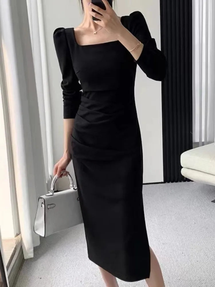 vmtvr Party Dresses Women Long Sleeve Streetwear French Style Dress Office Lady Solid Midi Zipper New Autumn Vestidos Female Mujers