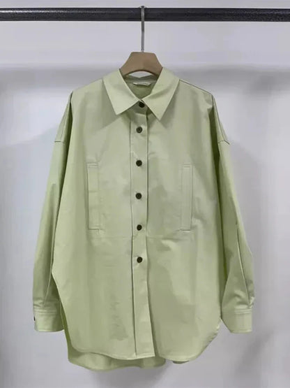 vmtvr Loose Shirts Women Light Green Casual Long Sleeves Shirt Female 2024 Spring Summer 100% Cotton Pocket Single Breasted Tops Lady