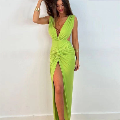 vmtvr -  Summer Fashion Ruched Long Dress Sexy Backless V Neck Hight Slit Women Bodycon Party Maxi Dress