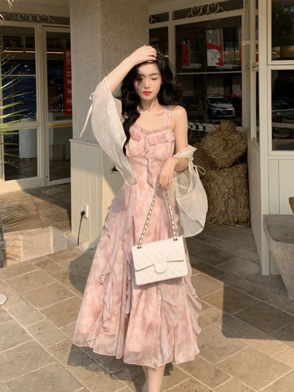 Casual Fairy Floral Strap Dress Women Chiffon Elegant Evening Party Midi Dress Ruffle Sweet Korean Dress Women Sweet Summer 2024