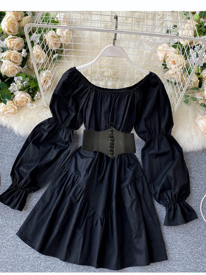 vmtvr Early Autumn Dress Retro Gothic Women White Black Bandage Mini Dress Sexy Off Shoulder Puff Sleeve Korean Vestidos