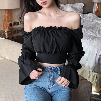 vmtvr Sexy Cropped Chiffon Shirts Women Summer Fashion Folds Female Lantern Sleeve Tops Y2K Korean Casual All Match White Blouse