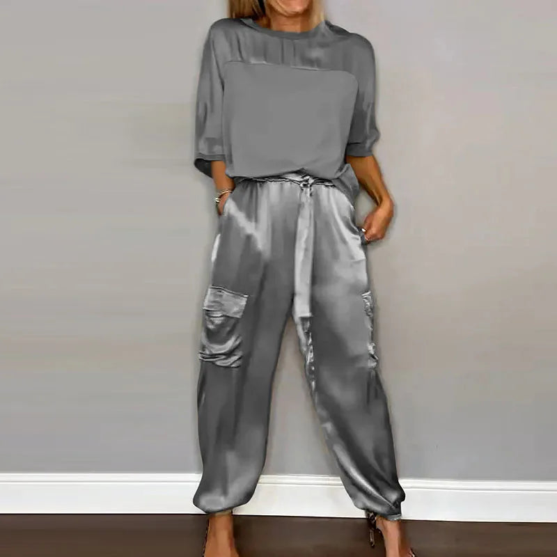 vmtvr 2024 Spring Summer Smooth Satin 2pcs Sets Women O Neck Half Sleeve Top & Tie-up Pants Outfits Casual Patchwork Loose Female Suit