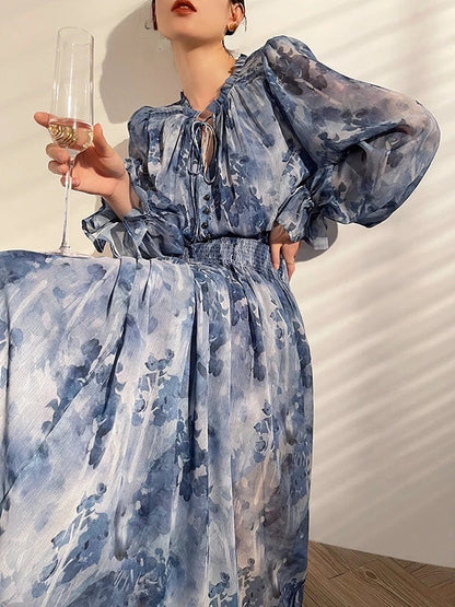 vmtvr French Vintage Long Sleeve Fairy Dress Women Slim Fashion Floral Midi Dress Beach Casual Korean Style Dresses Female Summer