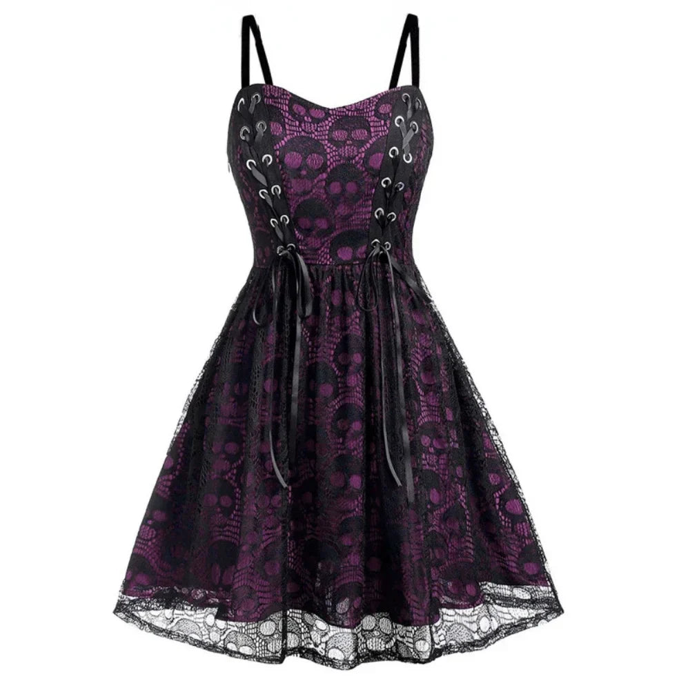 vmtvr  -  Women's Sleeveless Punk Dress Camisole Skull Print Lace Swing Dress Halloween Spaghetti Strap Steampunk Dress Goth Clothes