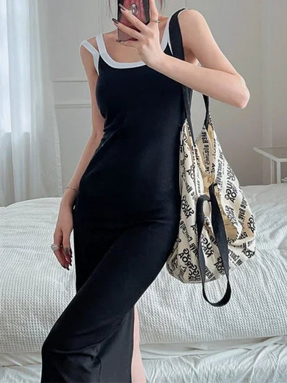 vmtvr Sexy Backless Slip Midi Split Dresses Women Korean Fashion Spaghetti Strap Vintage Casual Black Dress 2024 Summer Sundress