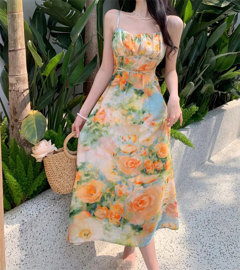 vmtvr Summer New Midi Spaghetti Strap Dresses Women Floral Print Dress Elegant And Chic with Casual Party Holiday Dress High Quality