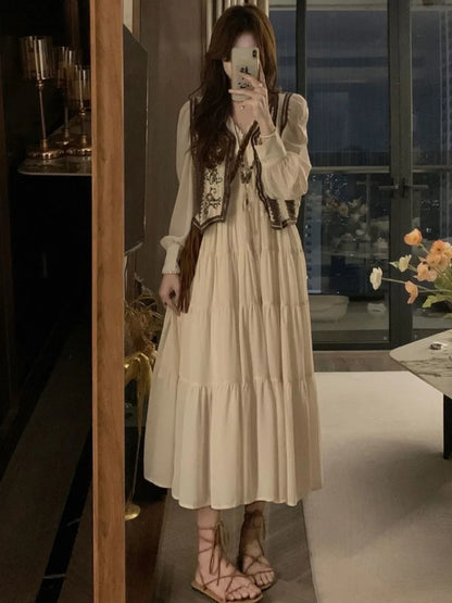 Bohemia Solid Long Sleeve Dress Embroidery Knitted Vest Women Spring Autumn Vintage Casual Simply 2PCS  Chic Long Dress Set