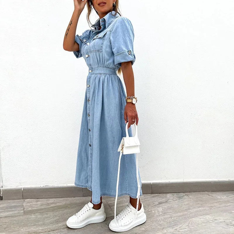 vmtvr New Turn-down Collar Short Sleeve Summer Dress Women's Single Breasted Pocket Casual Dress Denim High Waist Pleated 2024 Dresses