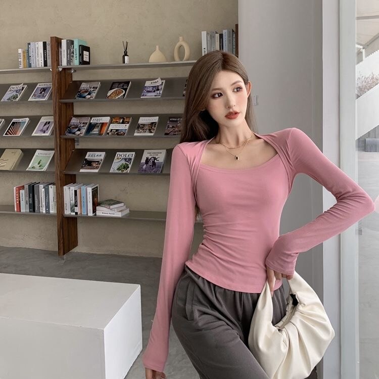 -Fall Outfits Long Sleeve Top  Woman's Clothing Spring Autumn Style Basic T-Shirts Tops Lady Slim Long Sleeve Square Collar Sheath Tops SS042