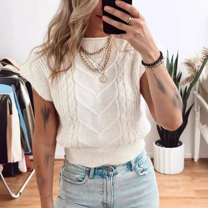 vmtvr Women Fashion Solid Twist Knitted Sweaters 2024 Spring Half High Collar Loose Top Pullover Summer Short Sleeve Vest Jumper Mujer