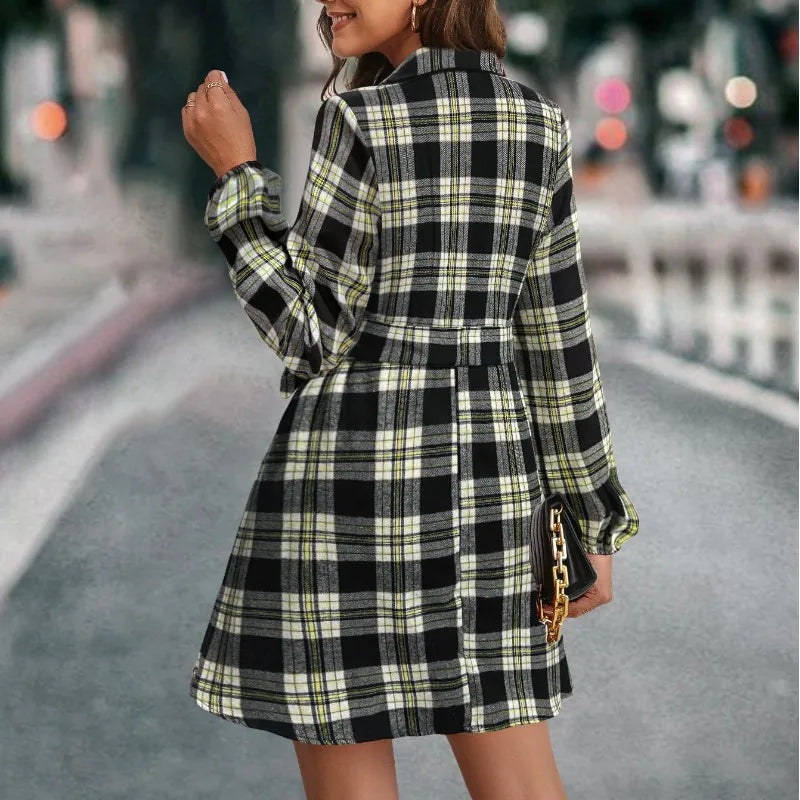 vmtvr  -  Autumn and Winter Women's Pullover Stand Neck Lantern Sleeves Color Bump Plaid Button Belt Shirt Loose Fashion Casual Dress