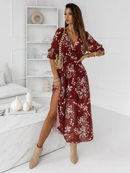 vmtvr  -  Chiffon Summer Dresses Women Elegant A-line Flower Office Spring Long Sleeve V-Neck Floral Maxi Dresses for Women Vestido