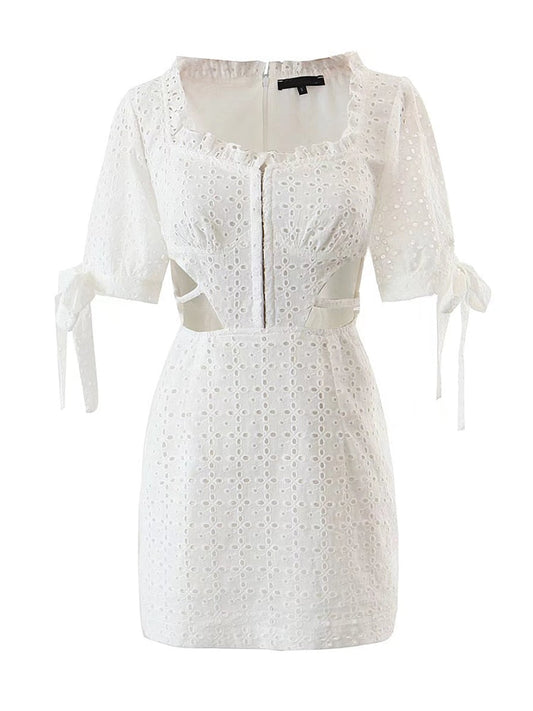 Sexy Women White Lace Embroidery Hollow Out Dress Short Sleeve Fashion Ladies Bodycon Mini Robe