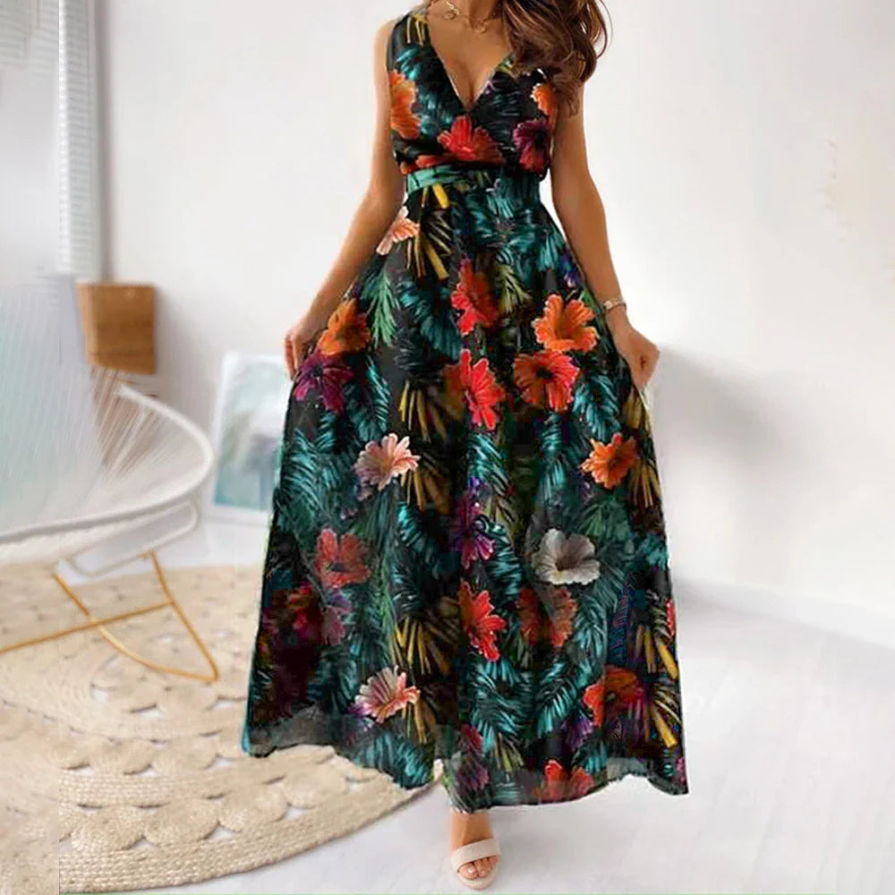 vmtvr Fashion Floral Dress for Women Clothing 2024 Summer Vacation Beach Sundress Elastic Waist Sexy Flowers Skirt Female Vestido Robe