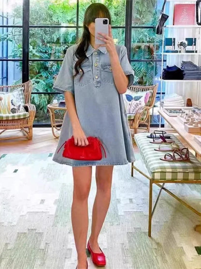 vmtvr Summer Blue Denim Mini Dress Women Fashion Turn-down Collar Loose  A-line Dress 2024 Short Sleeve Casual Dress Streetwear