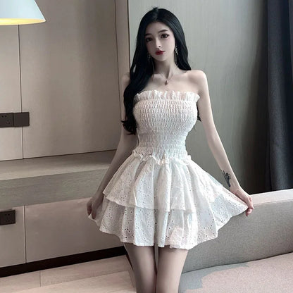 vmtvr Women White Mini Dress Korean Fashion Sexy Strapless Dresses Summer Casual High Waist Female Folds Ball Gown Dress