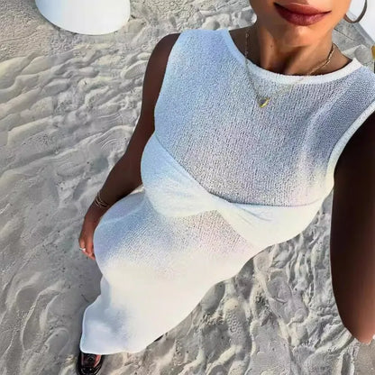 vmtvr  -  White Knitted Long Dress Women Sexy See Through Slim Beach Dress Summer Elegant Fashion Sleeveless Holiday Outfits Pink