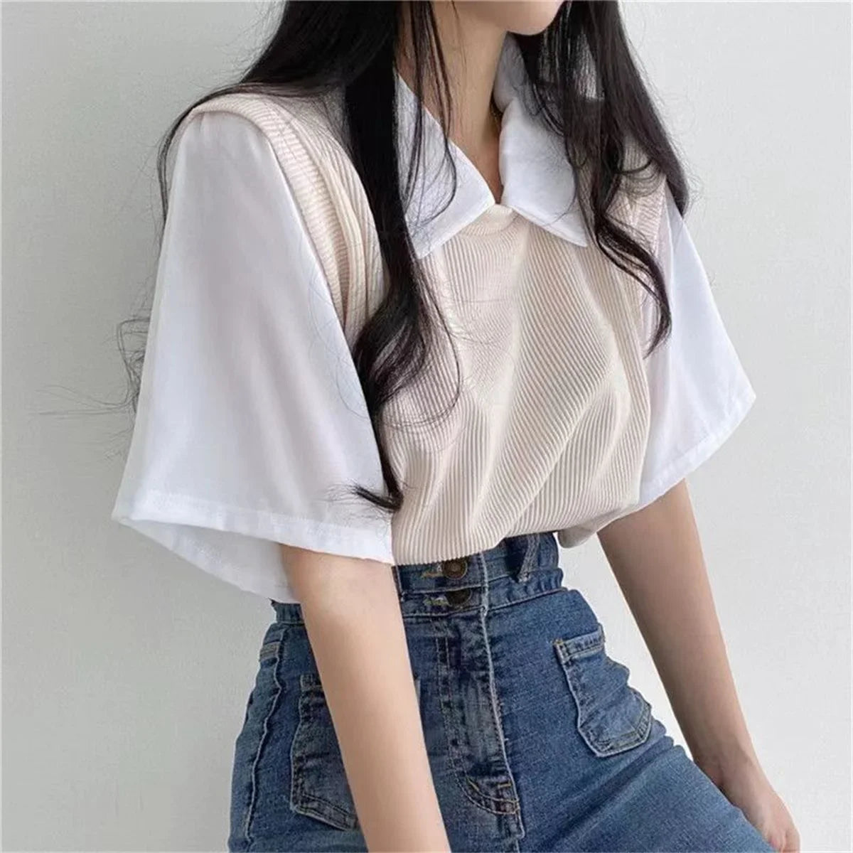 -Summer Academy Style Color Blocking Polo Collar Top Fake Two-piece Short Sleeve T-shirt Women Lazy Loose Casual Versatile Blouse