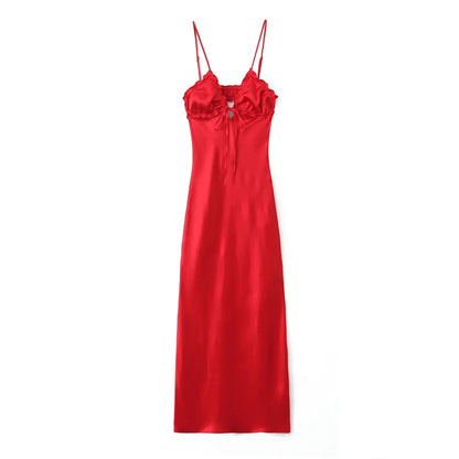 vmtvr  -  Ruffles Tie Up Satin Dress Women Elegant Maxi Long Summer Party Dress Spaghetti Strap Red Sexy Sundress Vestidos