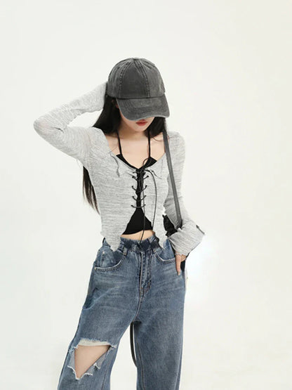 vmtvr Summer Korean Fashion Suit 2 Piece Set Casual Strap Black Camis + Long Sleeve Knitted Crop Tops Thin Pure Color Blouse Chic