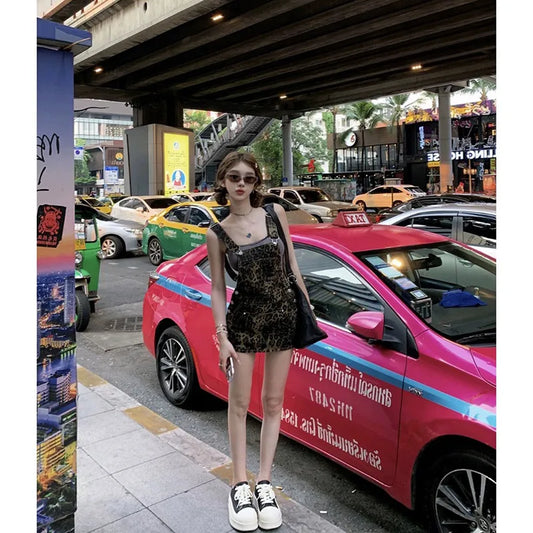 vmtvr  -  Women Denim Dress Vintage Korean Style Fashion Harajuku Off Shoulder Piece Mini Sundress A-line Leopard Print Dresses Summer