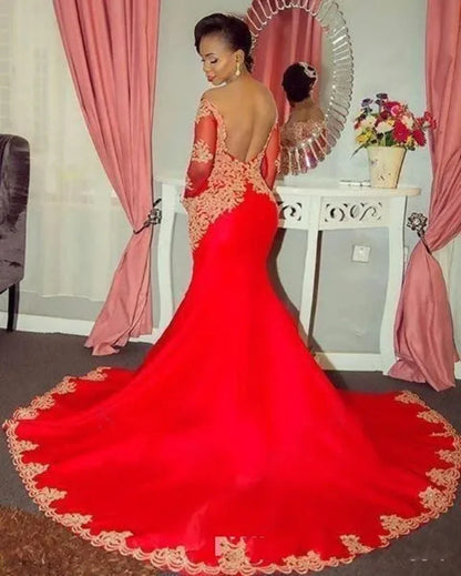 vmtvr  -  Sexy Red Prom Dresses Long Sleeves Mermaid Off the Shoulder Gold Lace Appliques Custom Evening Dresses Formal Party bridesmaid