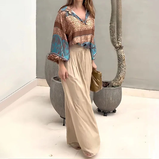 vmtvr Casual Pattern Printed Long Sleeved Suits Women's Fashion Streetwear Wide Leg Pants Outfits Spring Summer Commuter Loose 2pc Set
