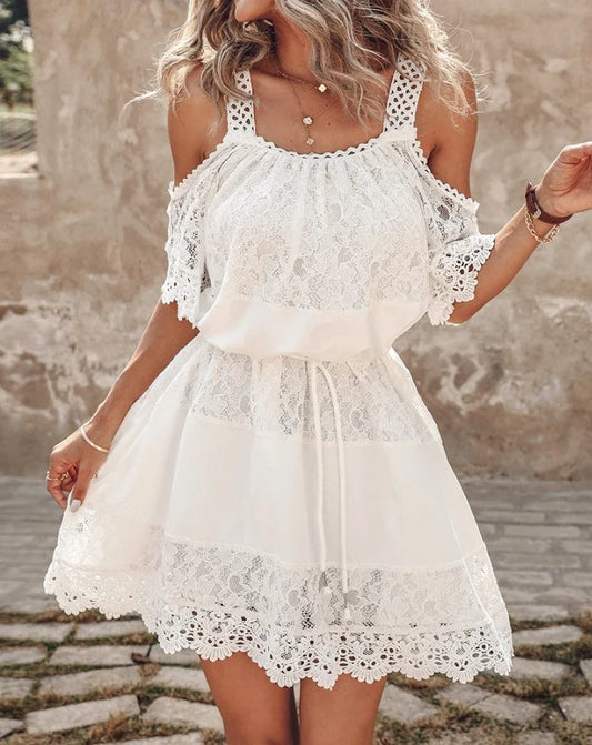 vmtvr Vintage Lace Summer Dress Cold Shoulder Half Sleeve Loose Crochet Embroidery Lace Stitching A Line Mini Dress Female Clothing