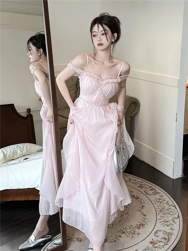 Summer Women Sweet Pink Fairy Chiffon Midi Dress Korean Elegant One-piece A-Line Vestidos Female Clothing Mujers