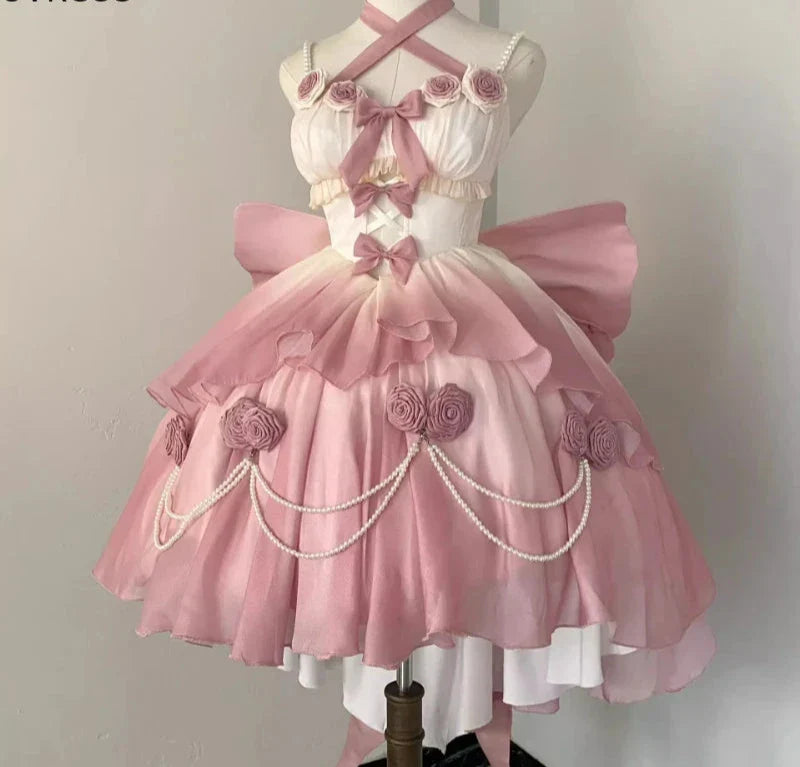 vmtvr  -  Retro Victorian Lolita Dress Elegant Women Sweet Bow Pearl Chain Ruffles Rose Flower Dresses Kawaii Gradient Pink Princess Dress