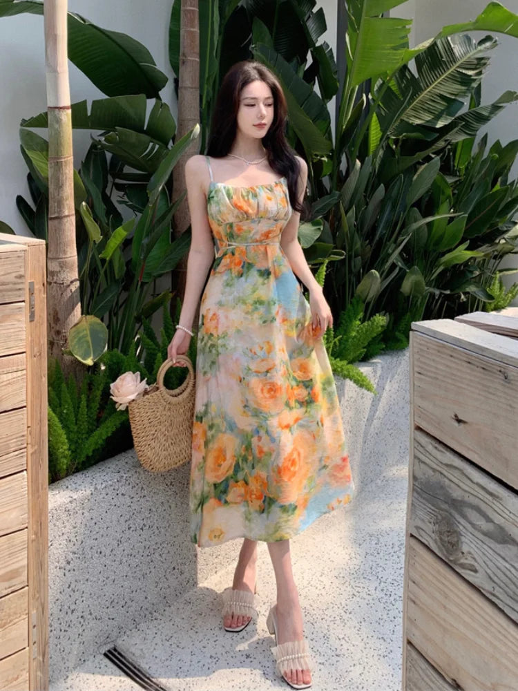 vmtvr Summer New Midi Spaghetti Strap Dresses Women Floral Print Dress Elegant And Chic with Casual Party Holiday Dress High Quality