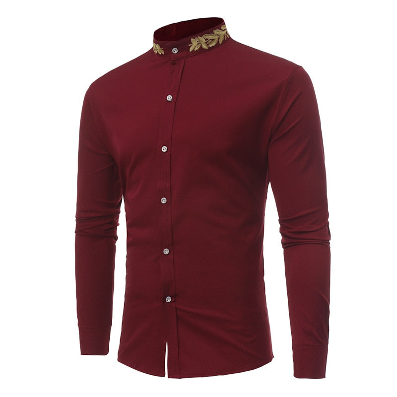 jiaabc Men Spring Autumn Shirt Social Henley Dress Shirt Fashion Long Sleeve Formal Embroidery Tops Clothing Casual camisa masculina