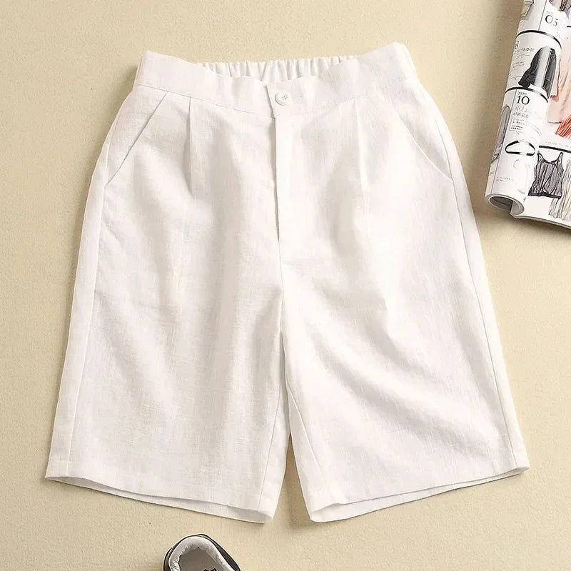 vmtvr Khaki Solid Casual Linen Cotton Elastic High Waist Wide Leg Button Loose Women's Shorts Korean Fashion Summer Shorts