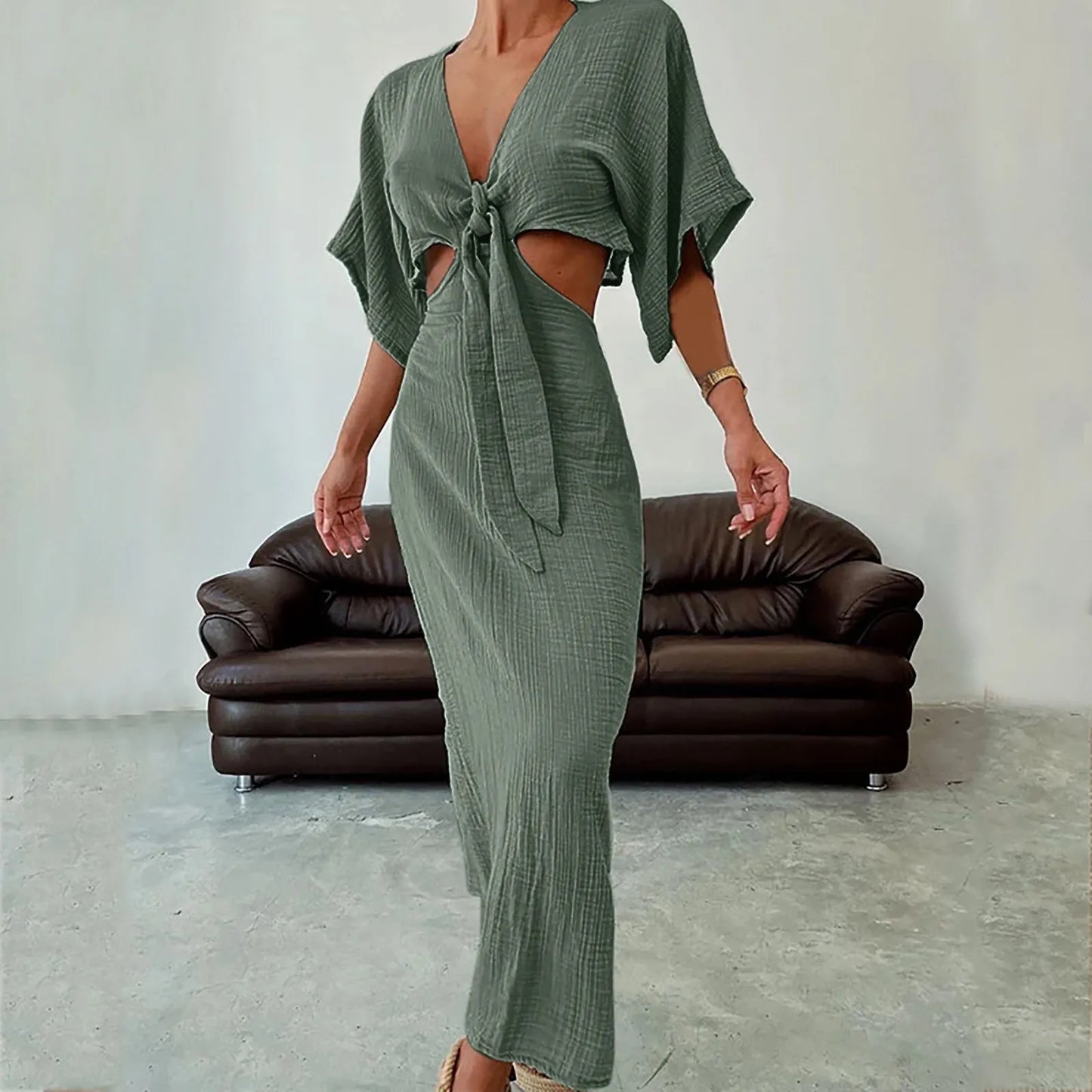 vmtvr  -  Summer Journey Light Green Tie-Front Cutout Midi Dress