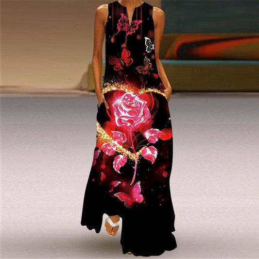 vmtvr - 3D Floral Printed Women Dress Summer Vintage V-neck Sleeveless Loose Maxi Dress Elegant Casual Ladies Party Dresses Vestidos