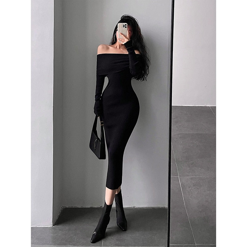 Slash Neck Tight Long Skinny Hip Long Sleeve Maxi Long Sweater Dress Red Korean Fashion Tops