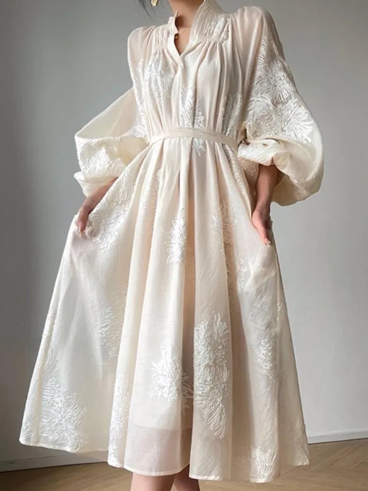 vmtvr Spring Summer Women Embroidery Casual Party Dresses Elegant Lantern Sleeve Vintage A-Line Dress Female Fashion Vestidos Robe