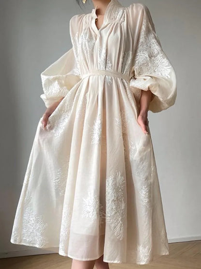 vmtvr Spring Summer Women Embroidery Casual Party Dresses Elegant Lantern Sleeve Vintage A-Line Dress Female Fashion Vestidos Robe