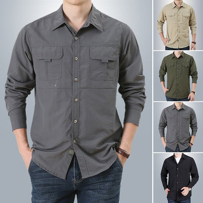 jiaabc Men Long Sleeve Cargo Shirts Casual Solid Shirt Male Oversized Pocket Work Business Shirt Mens Military Hiking Shirt Man Clothes