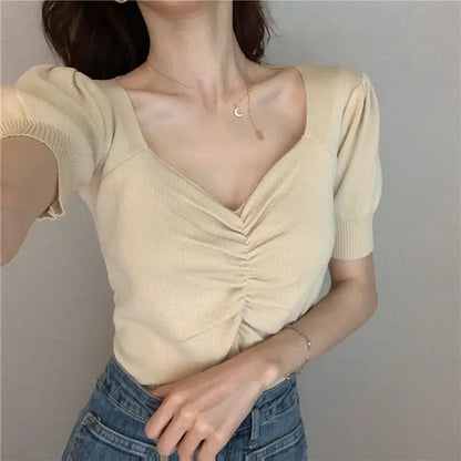 vmtvr Summer Women Solid Slim Knitted T-shirt Versatile Fashion Short Tees Female Korean Clothing V-neck Short Sleeve Casual Sexy Tops