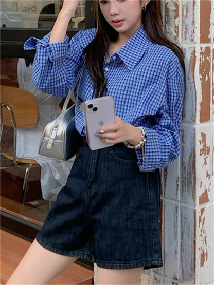 vmtvr 2024 Blue Shirts Plaid Chic Women Fashion Slim New Autumn Loose Full Sleeve Casual All Match High Street Work Wear