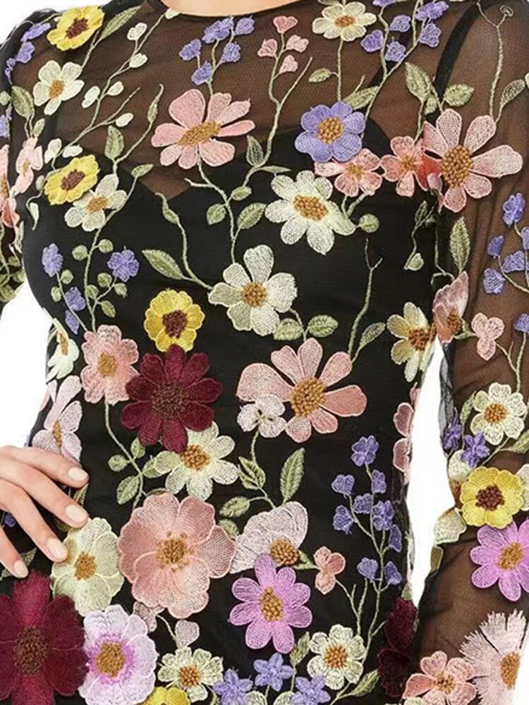 vmtvr Flower Print Embroidery Mini Dress Women Half High Collar Long Sleeve Hip Package Dresses Female Autumn Elegant Lady Vestidos