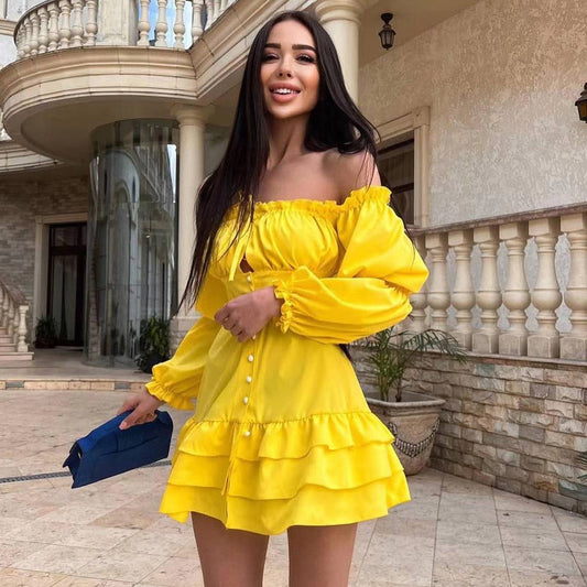 vmtvr - Fashion Woman  Slash Neck Off Shoulder Puff Sleeve Ruffles Mini Dress Streetwear Sexy Girls Bodycon Evening Party Dresses