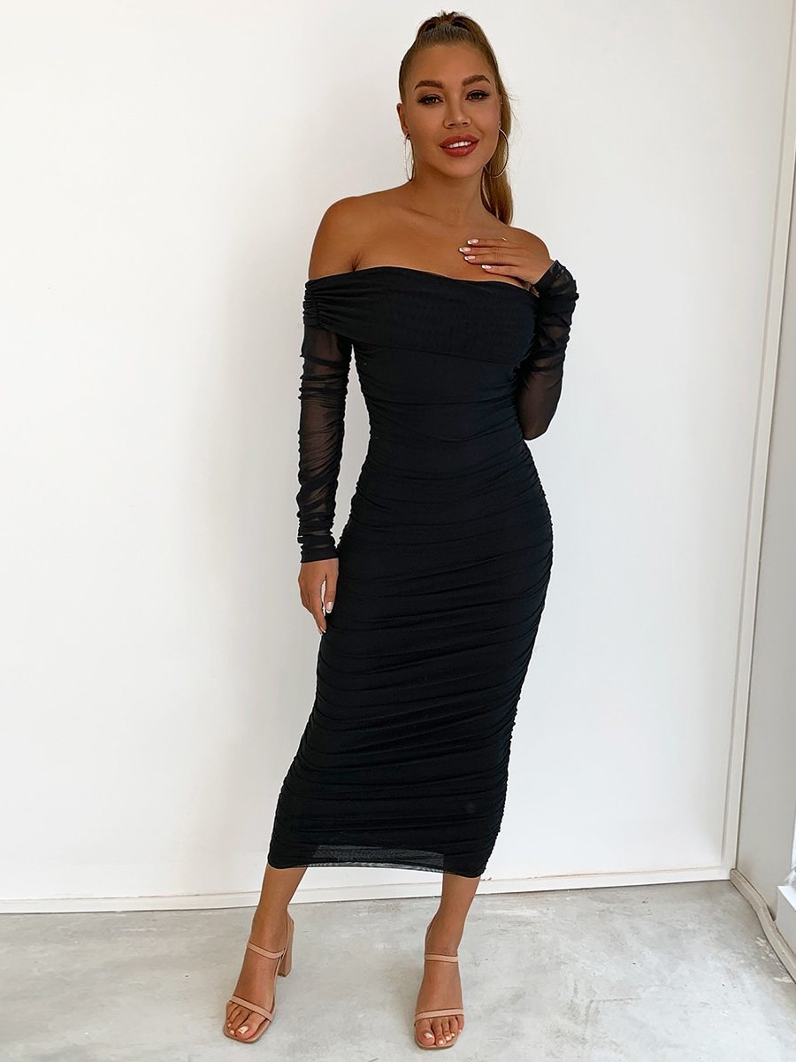 vmtvr - off shoulder ruched mesh bodycon dress